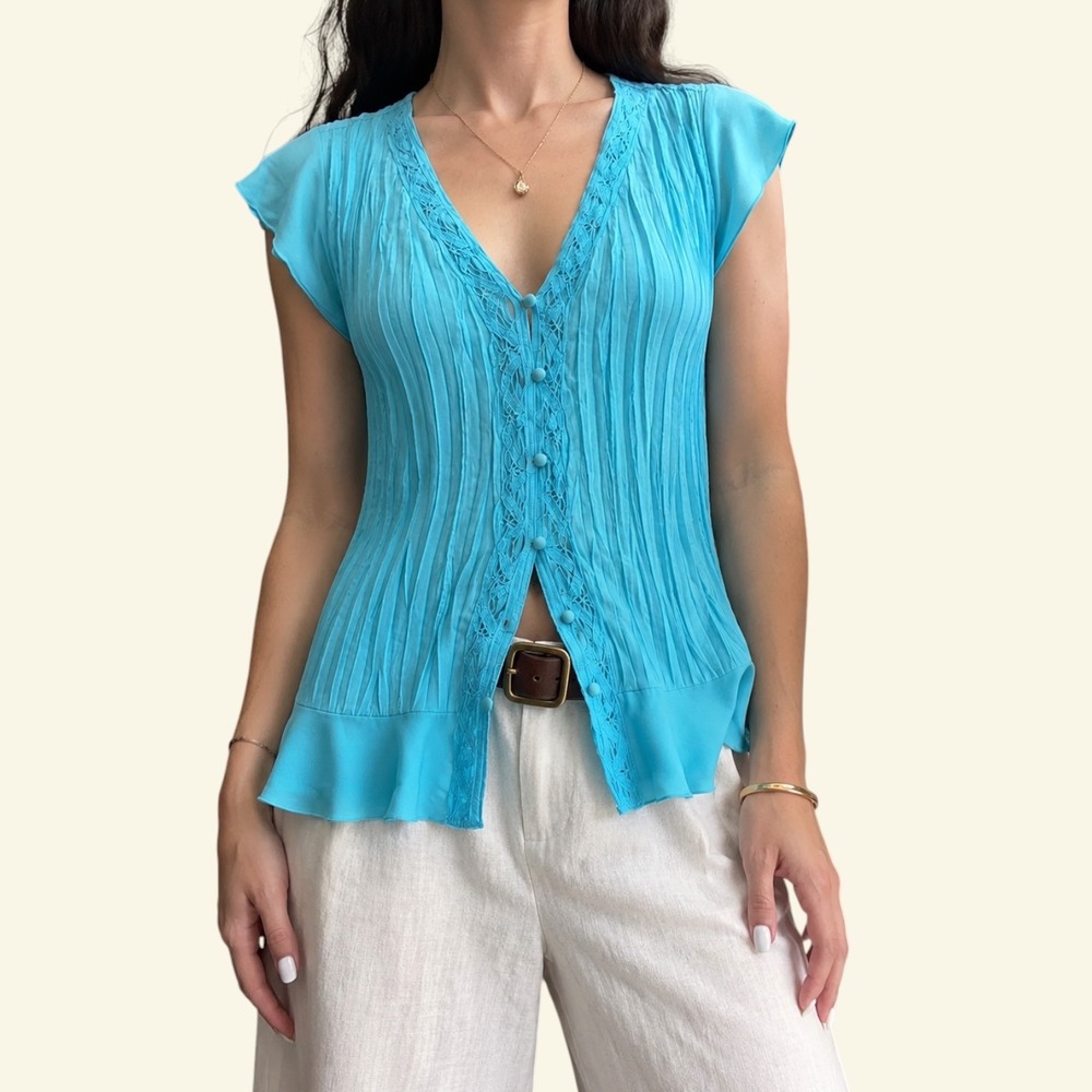 Vintage Y2K Cato Turquoise Blue Pleated Blouse Plisse Ruffle Lace Top Medium